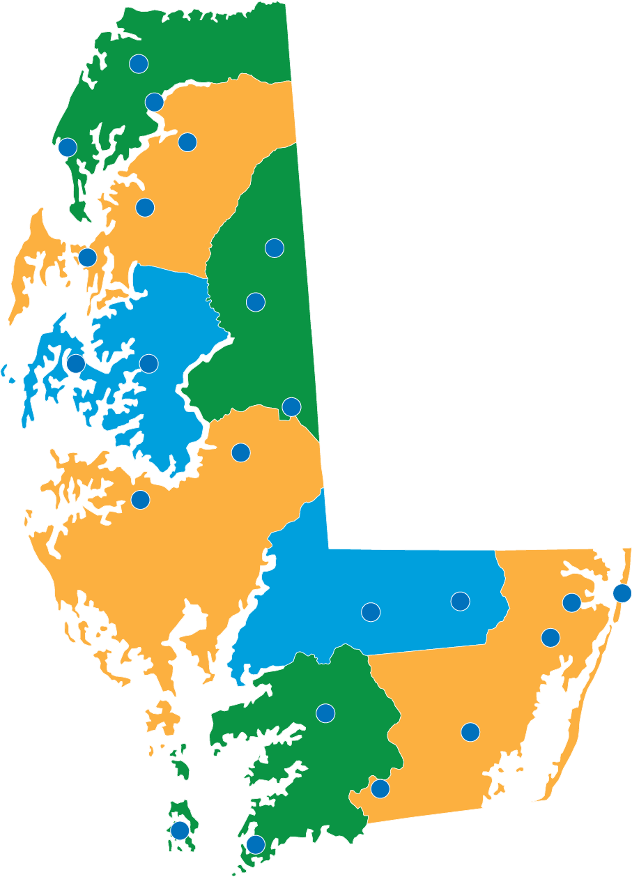 Map of the Eastern Shore of Maryland notating the counties and the library branches locations.